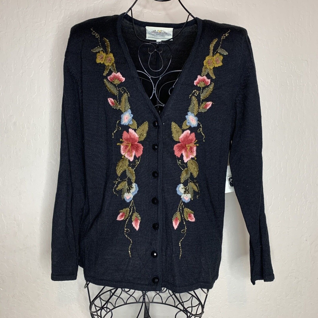 Vintage Susan Bristol Gainsboro Black Embroidered Cardigan Velvet Bow Women’s L