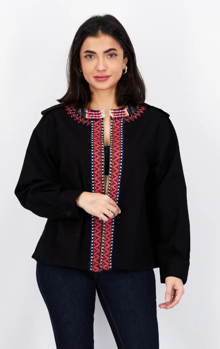 Muche & Muchette Women’s Size S Applique Open Front Jacket Shirts, Black Combo