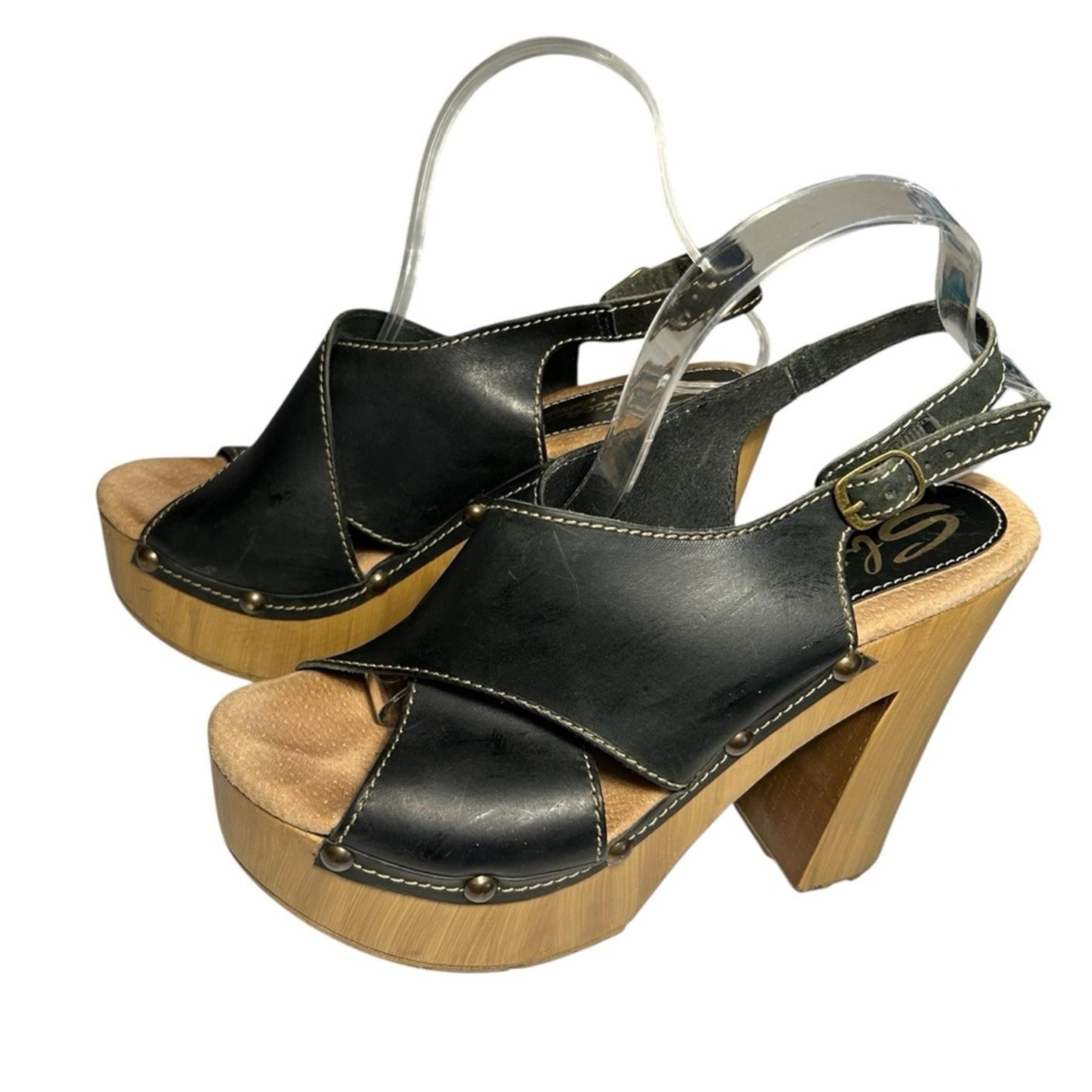 Sbicca Iness Black Leather Wooden Heel Slingback Sandals Sz EU 41 (10.5)