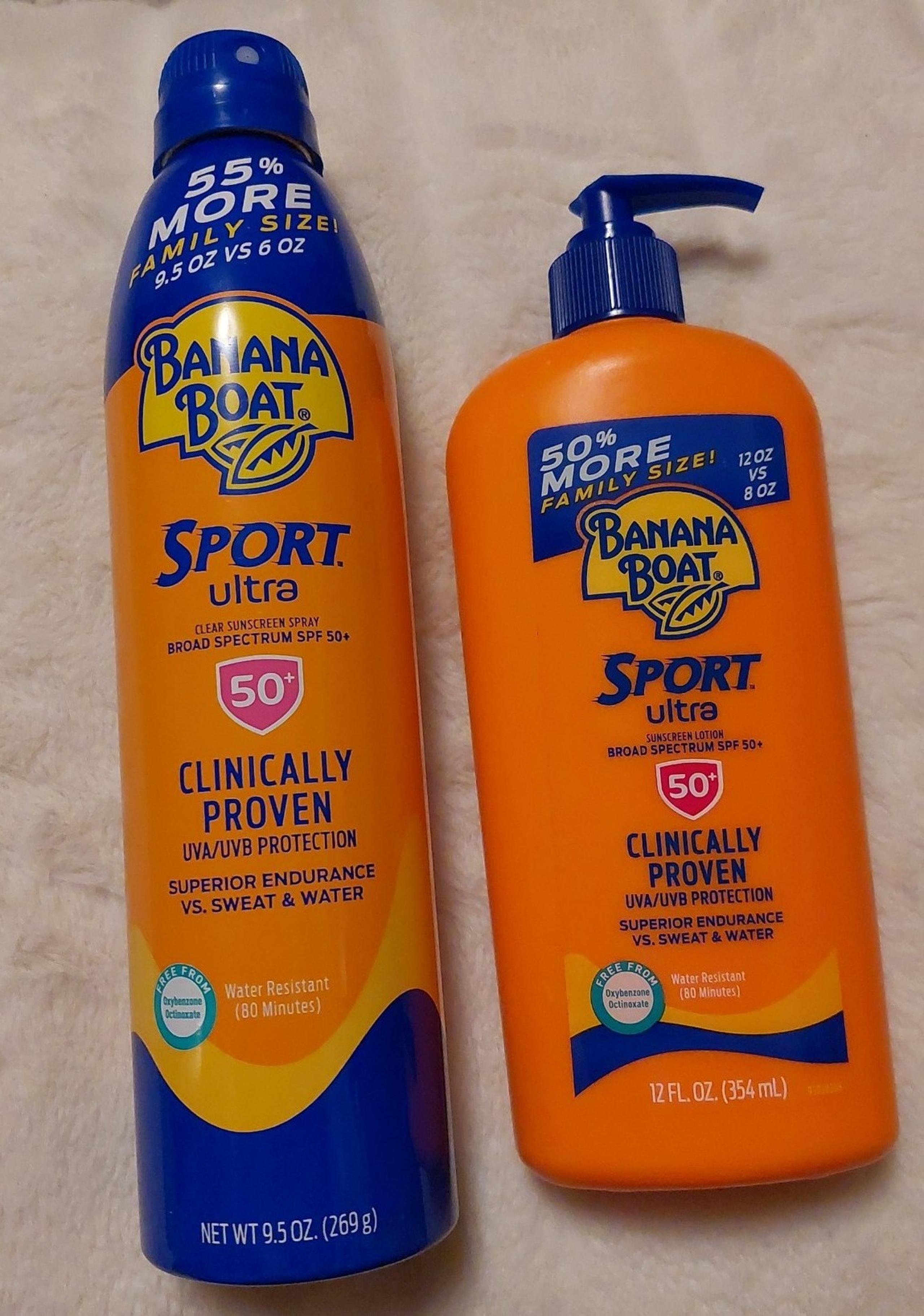 Banana Boat Ultra Sport 50 SPF Family Size, Spray, and Lotion.