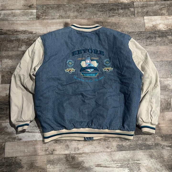 Vintage Y2K Disney Eeyore Denim Bomber Varsity Jacket Size Medium