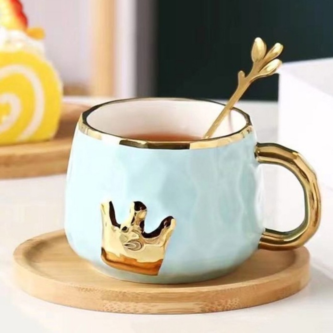 Mint Gold Crown Ceramic Mug Tea Cup Coffee Saucer Set w Spoon Teacup Drinkware