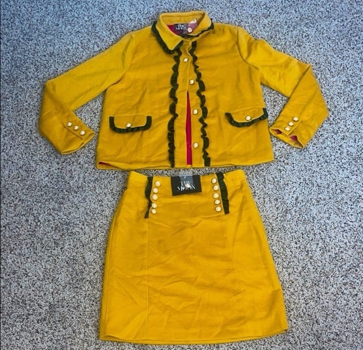 2 Piece Gold Yellow and Green Trimmed Skirt Set Pearl Buttons