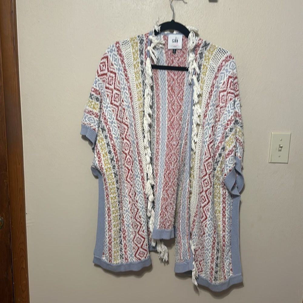 Cabi Siesta Tassel Fringe Poncho Crochet Knit Relaxed Sweater Boho Size XS/S