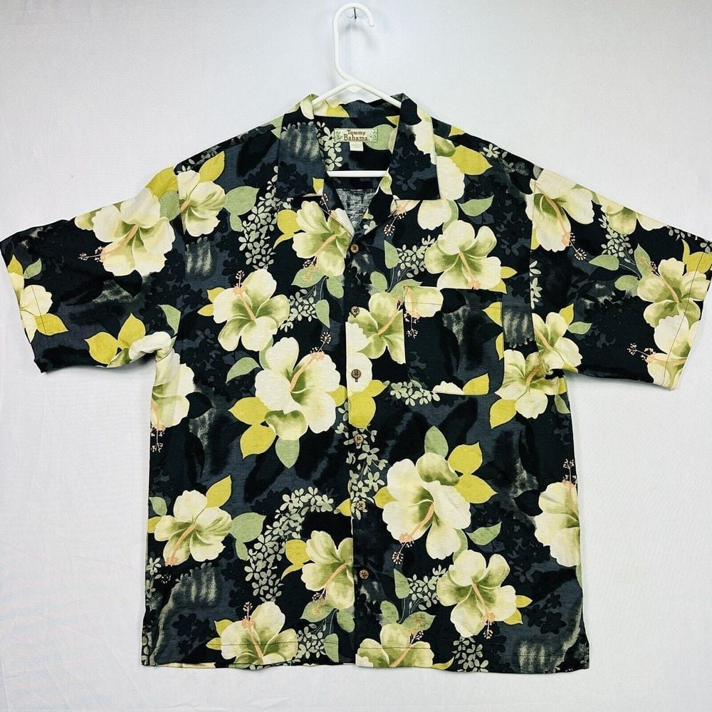 Vintage Tommy Bahama Silk Hawaiian Shirt Mens Large Button Hibiscus Black Yellow