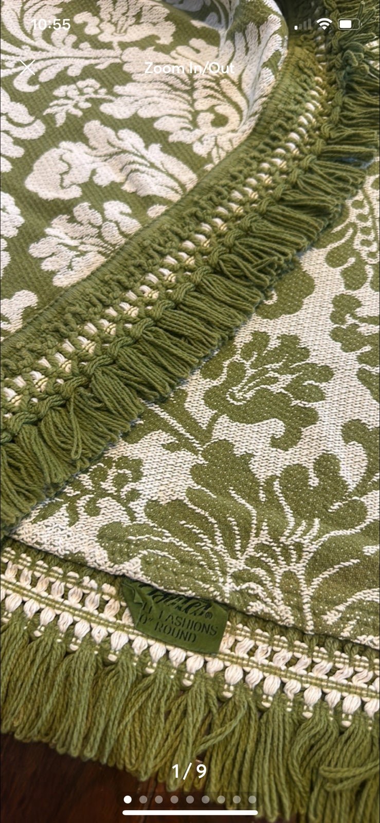 MCM tablecloth Avocado Green 70s Retro Kitchen Reversible Fringe BATES 90 Inch