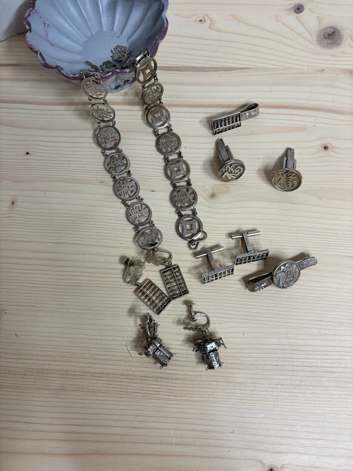 12 piece Vintage Asian Jewelry Lot Bracelets Earrings Tie Tack Cuff Links Rare!