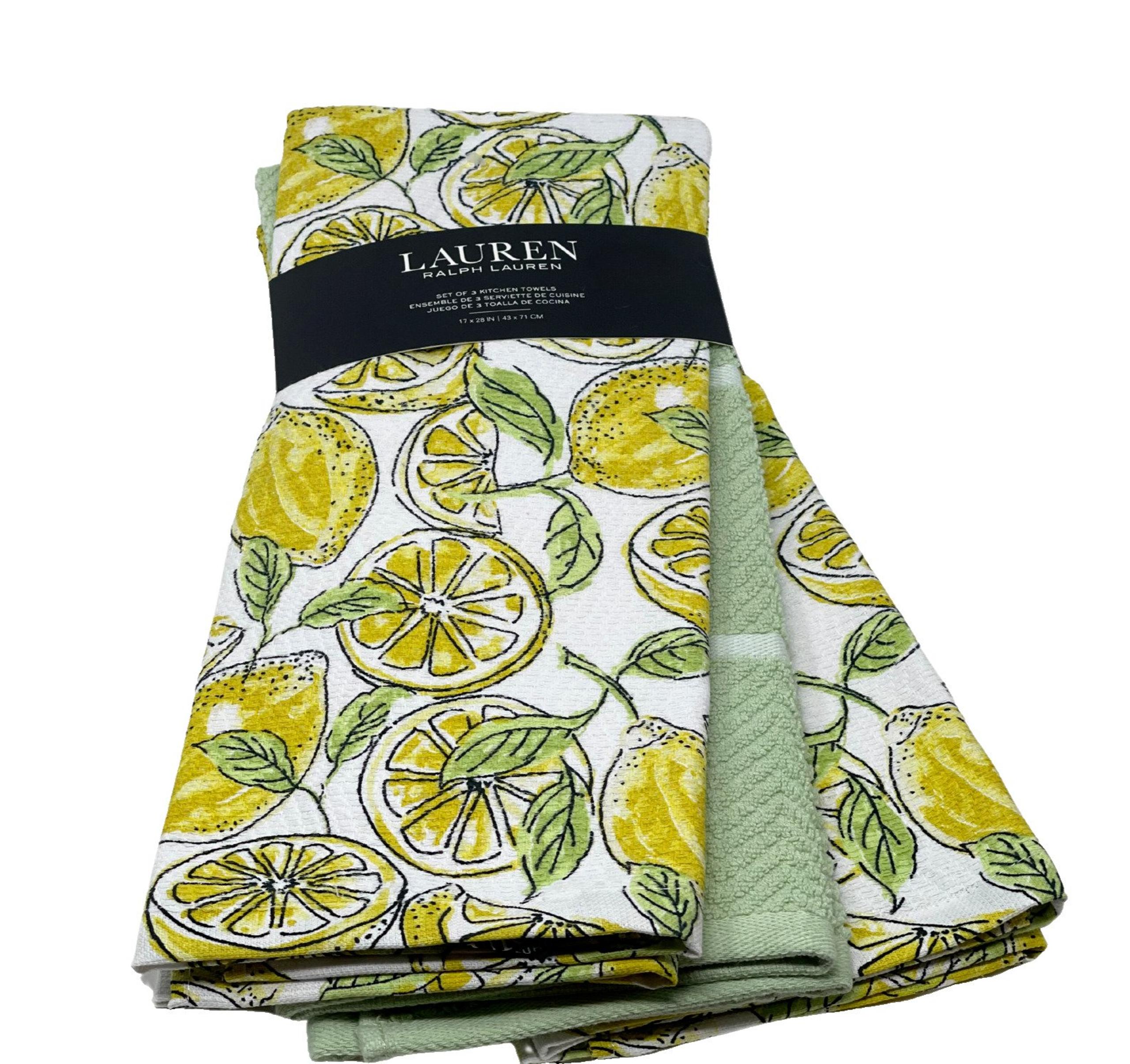 RALPH LAUREN Set of 3 Lemon Sage Green Cotton Terry Back Tea Kitchen Towels NEW
