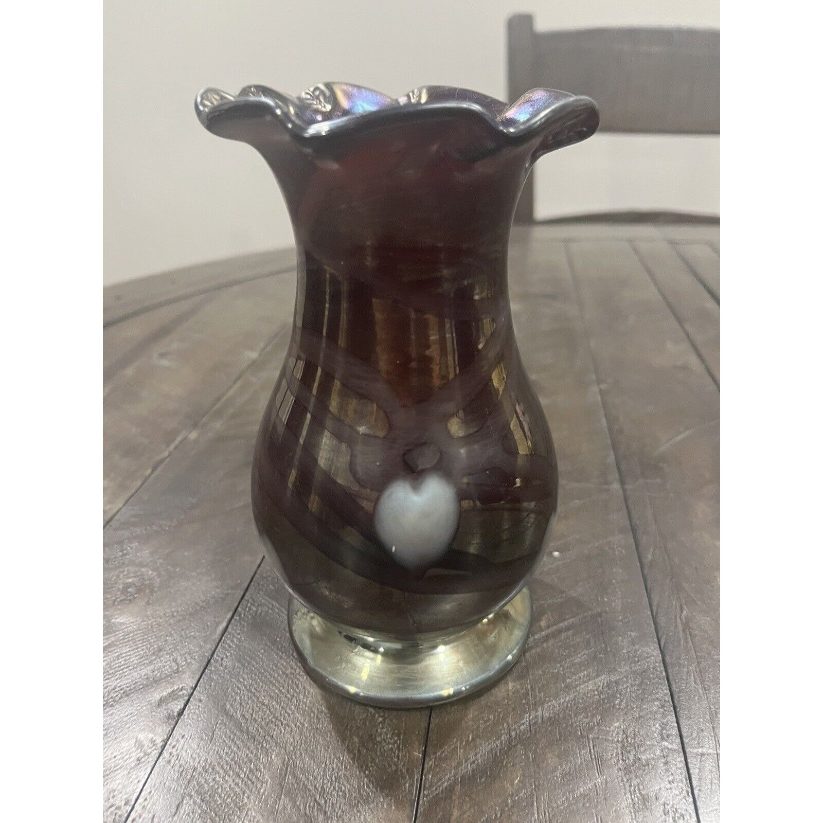 Spurlock Hanging Heart Art Glass Vase Amethyst Purple Iridescent 1980
