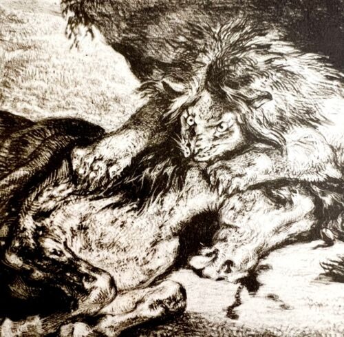 Lion Devouring A Horse Eugene Delacroix 1937 Antique Art Print Toned DWV8D