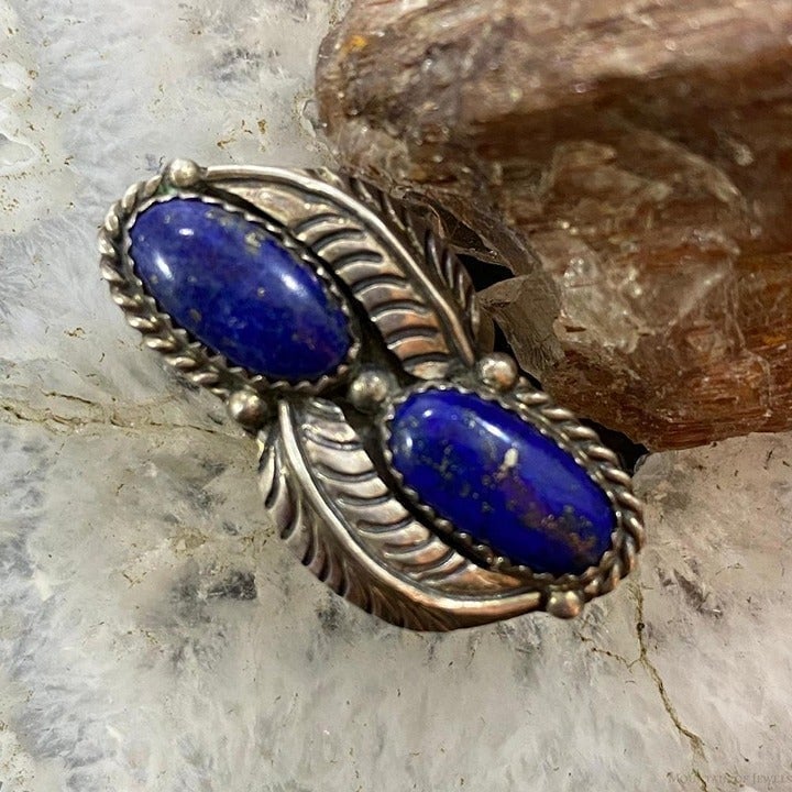 Vintage Native American Sterling 2 Oval Lapis Decorated Ring Size 5.25 For Women
