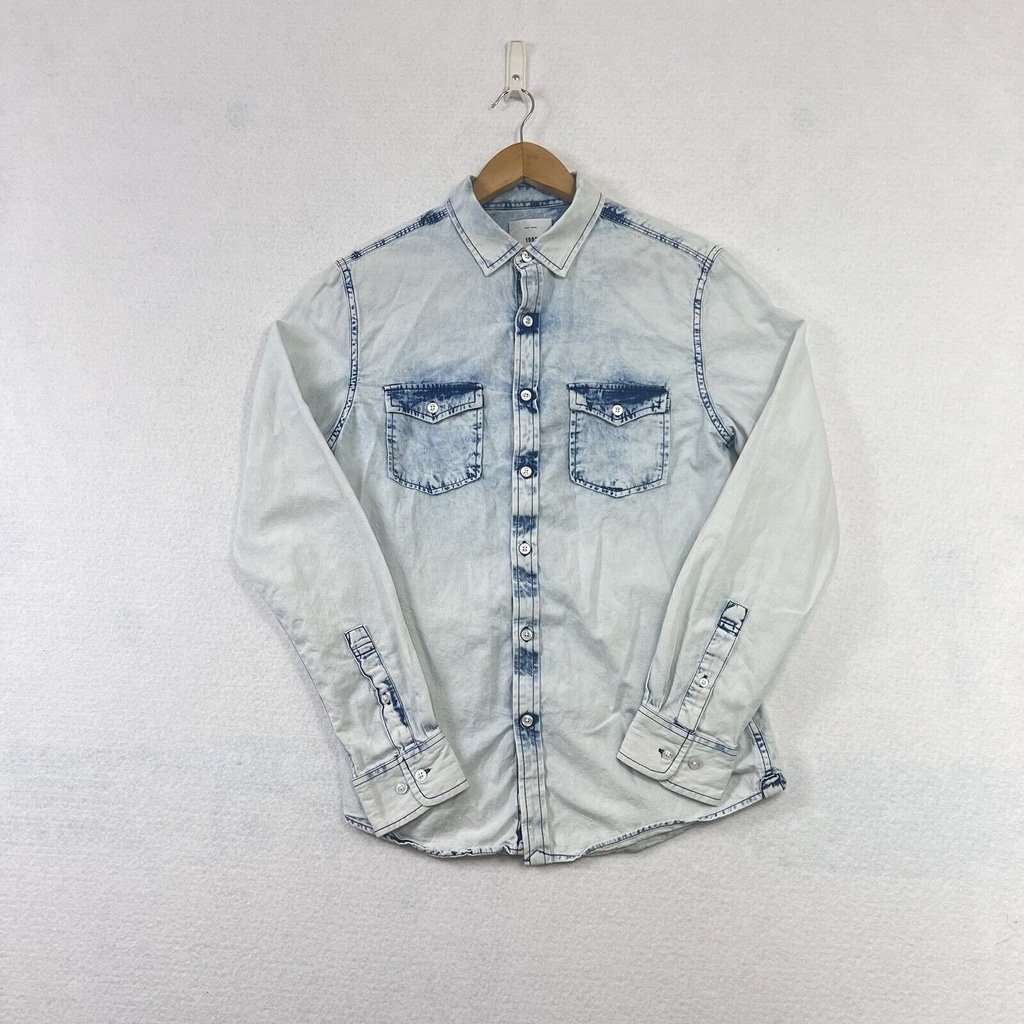 Zip Code 1992 Mens S Shirt Blue Denim Bleach Wash Button Front Cotton Cowboy Wes