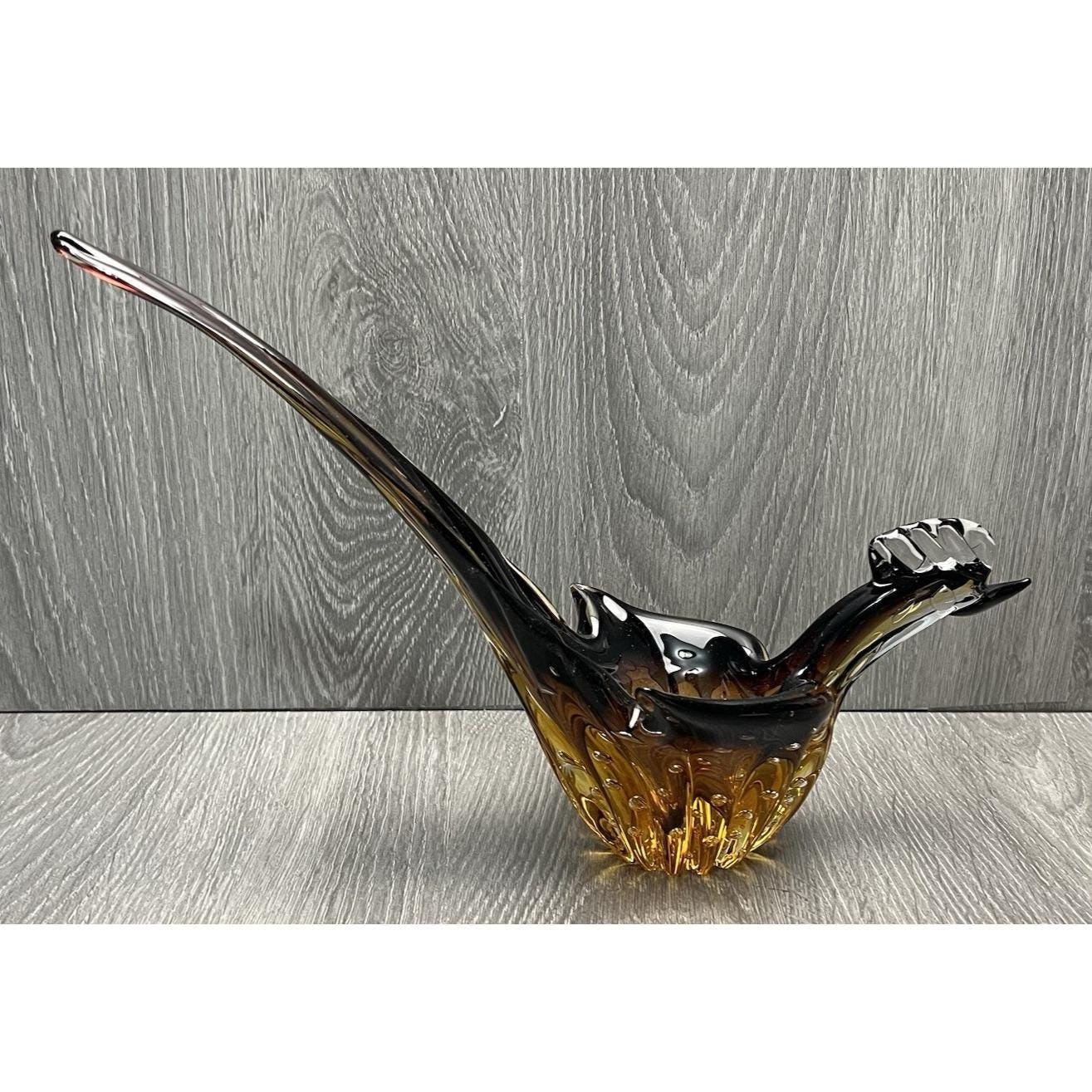 Vintage Amber Glass Bird Pheasant Bowl Controlled Bubble Figurine Sculpture