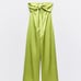 Zara jumpsuit pistachio cut out bow satin wide leg sleeveless wedding party