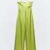 Zara jumpsuit pistachio cut out bow satin wide leg sleeveless wedding party