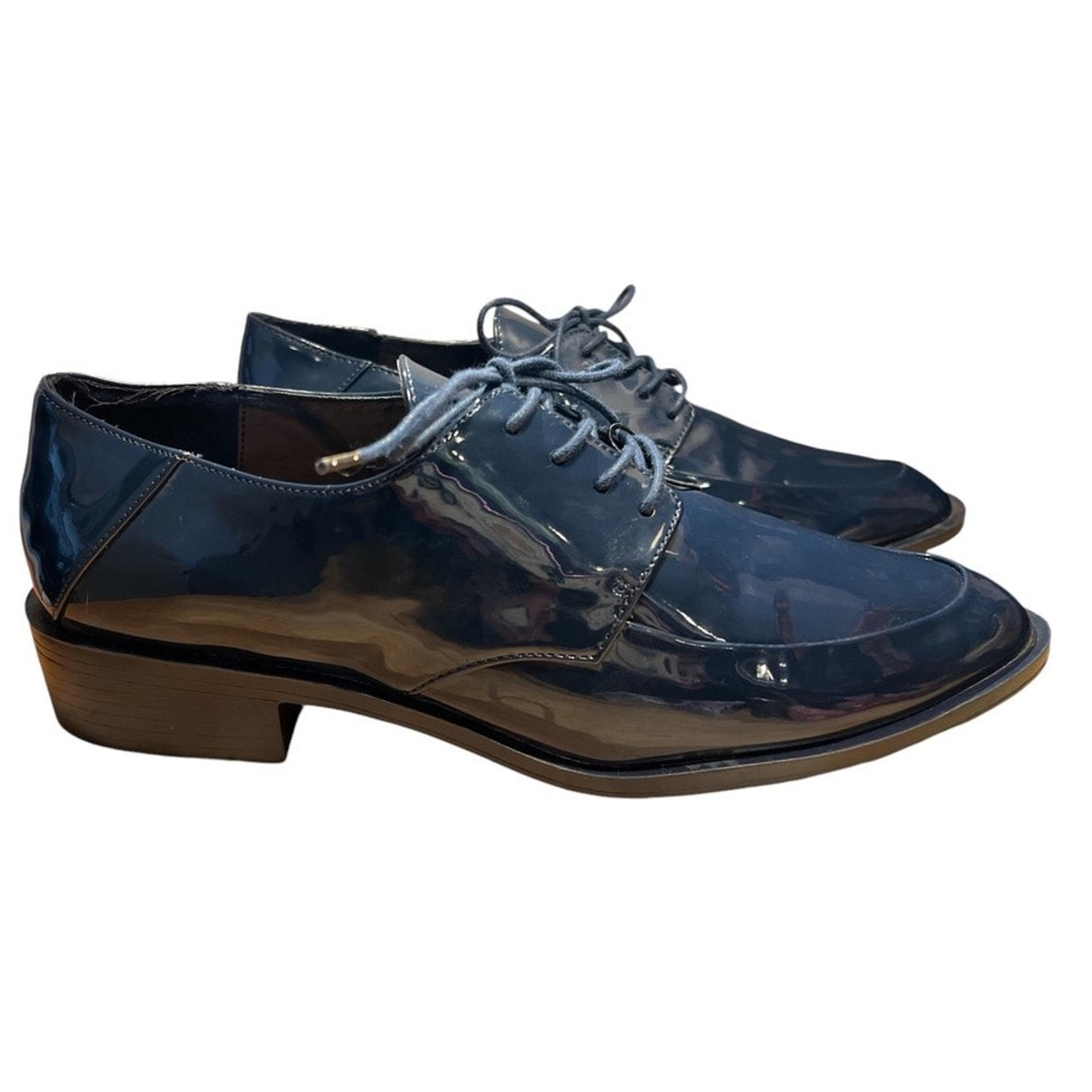 Zara Lace Up Patent Oxford Flat Shoes Size 41 Blue Preppy Academia Work Menswear