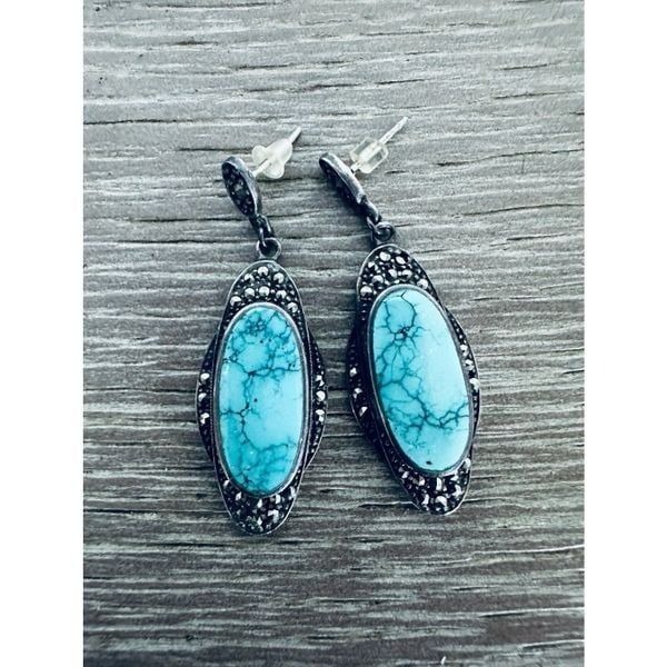 Vintage Sterling Silver Turquoise Stone Drop Earrings