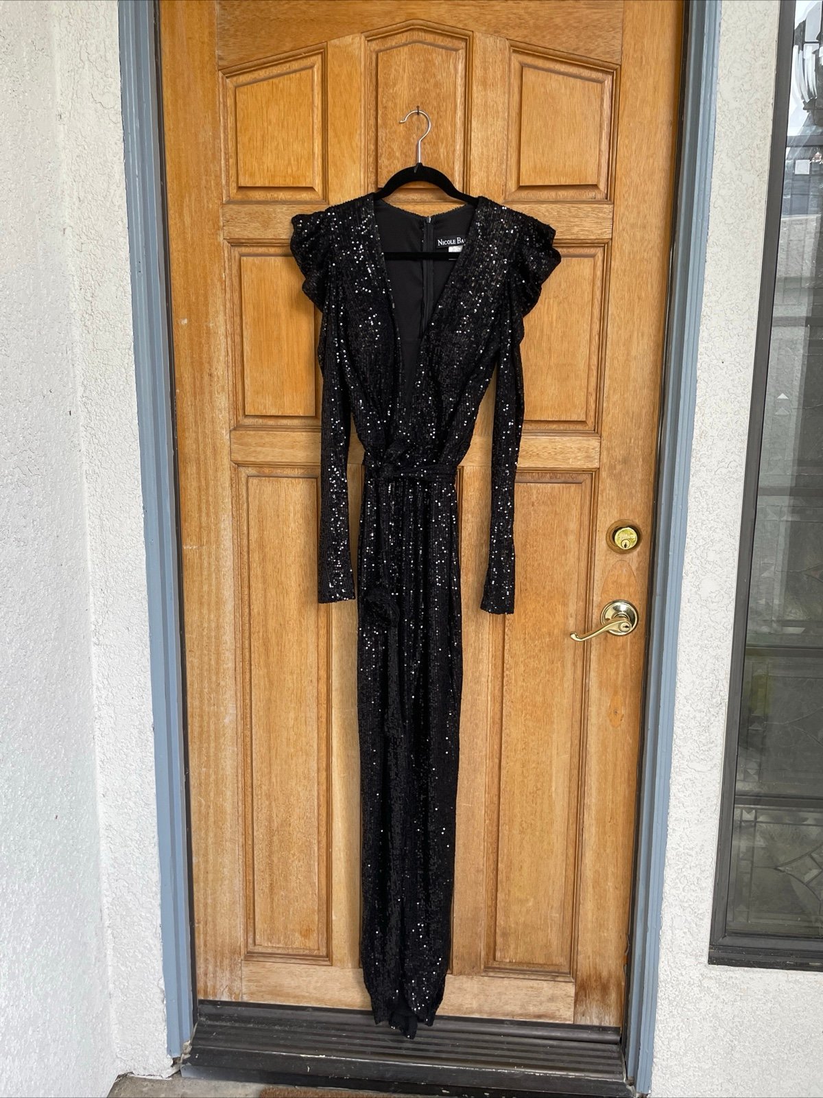 Nicole Bakti evening formal Gown dress Metallic Sequin long sleeve belt 8 hi