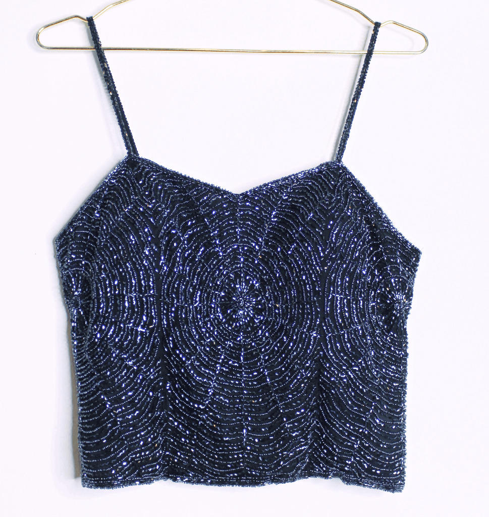 VTG Black Silk Beaded Spider Web Tank - XL