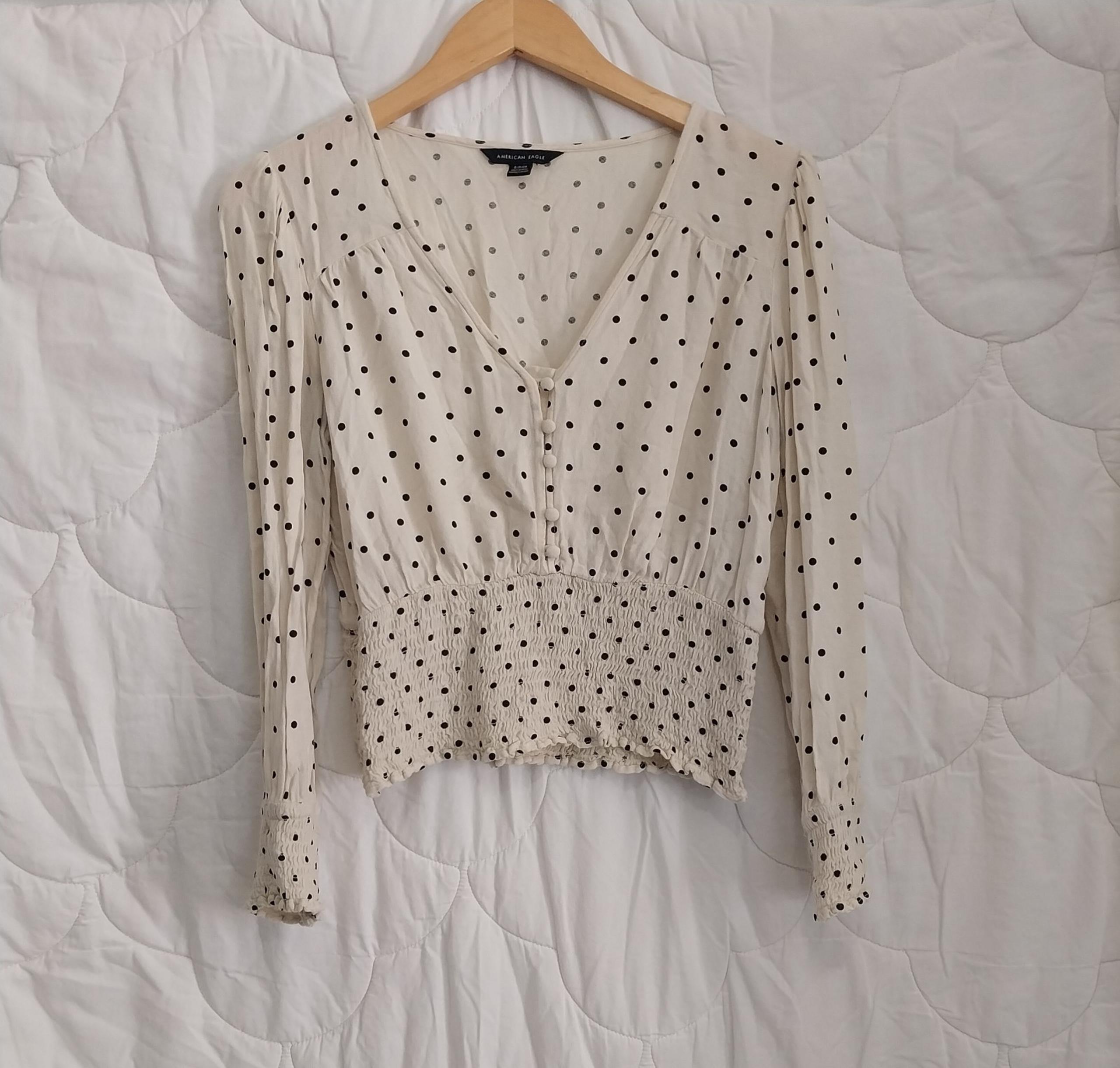 American Eagle Women’s Size s Cream Polka Dot Long Sleeve Blouse Elastic Waist