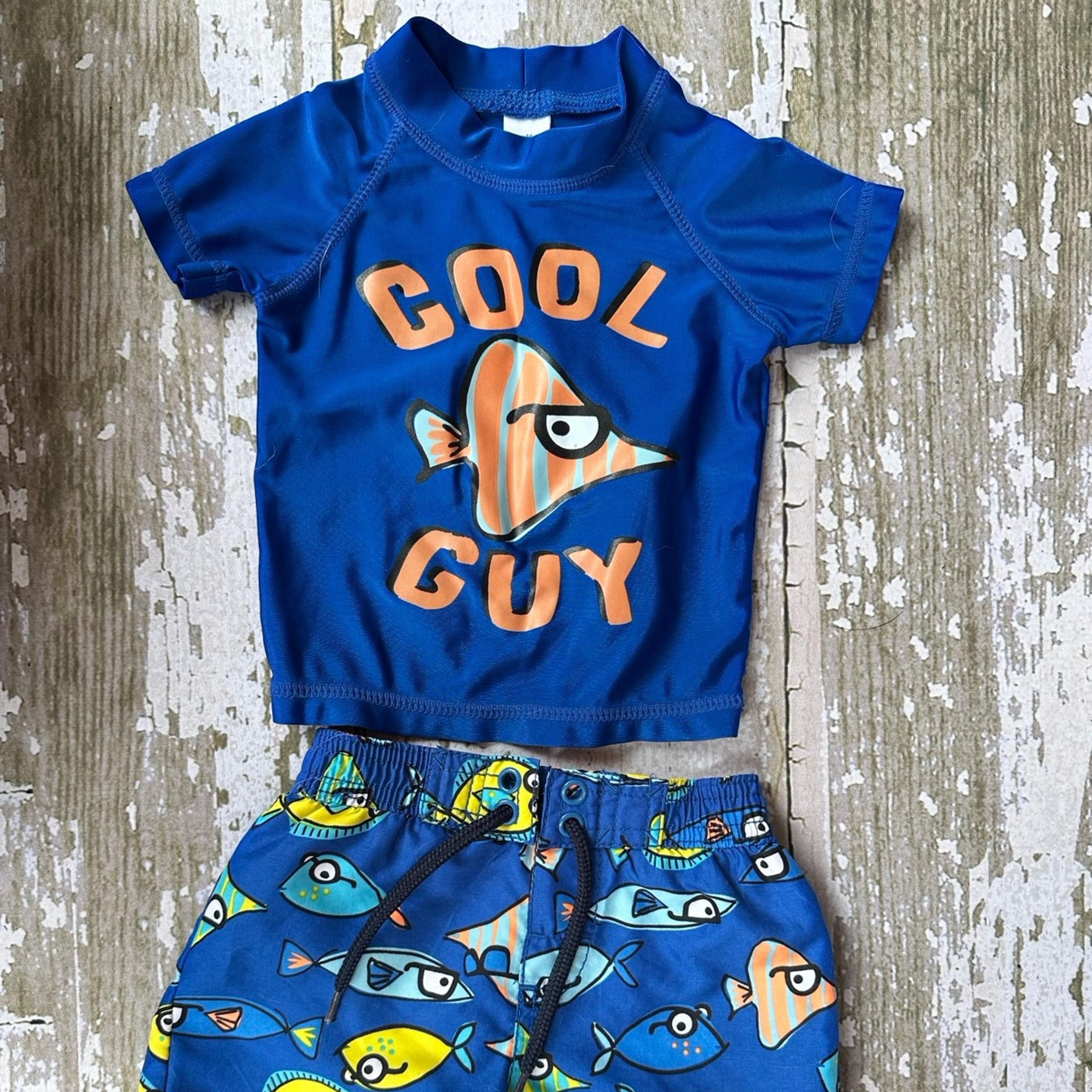 OshKosh B’gosh Toddler Swim Set – 12M Rash Guard & Trunks – Cool Guy Fish Theme