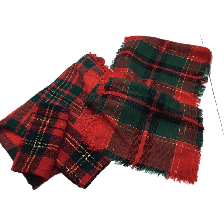 Christmas Plaid Tablecloth 51 x51 Square 2 Napkins and 68 x 12 Scarf Runner