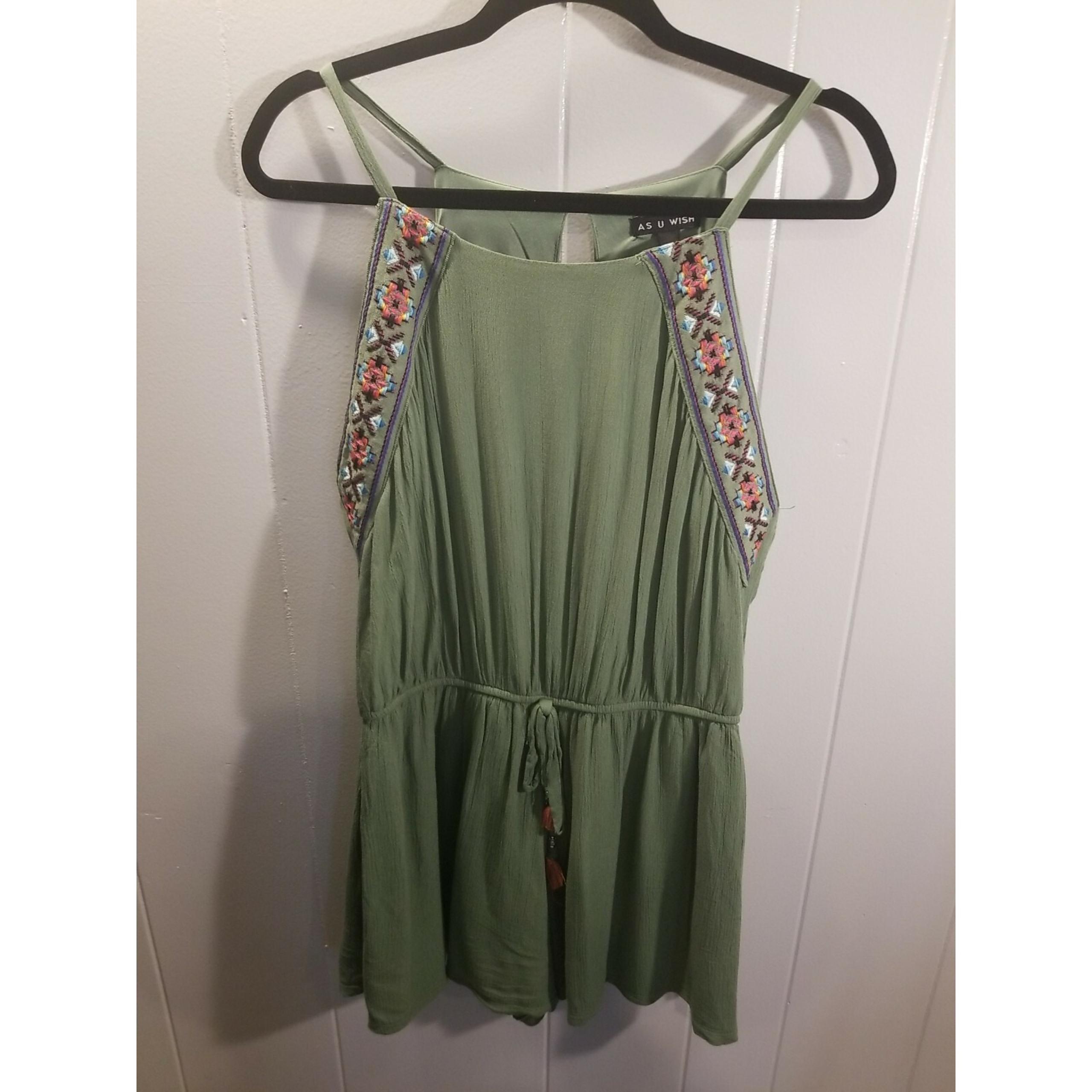 As U Wish Womens L Olive Green Embroidered Romper Festival Boho Gauzy