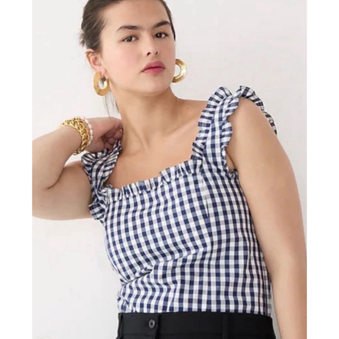 J. Crew Gingham Top Size S Blue White Cotton Poplin Ruffle-Trim Blouse New