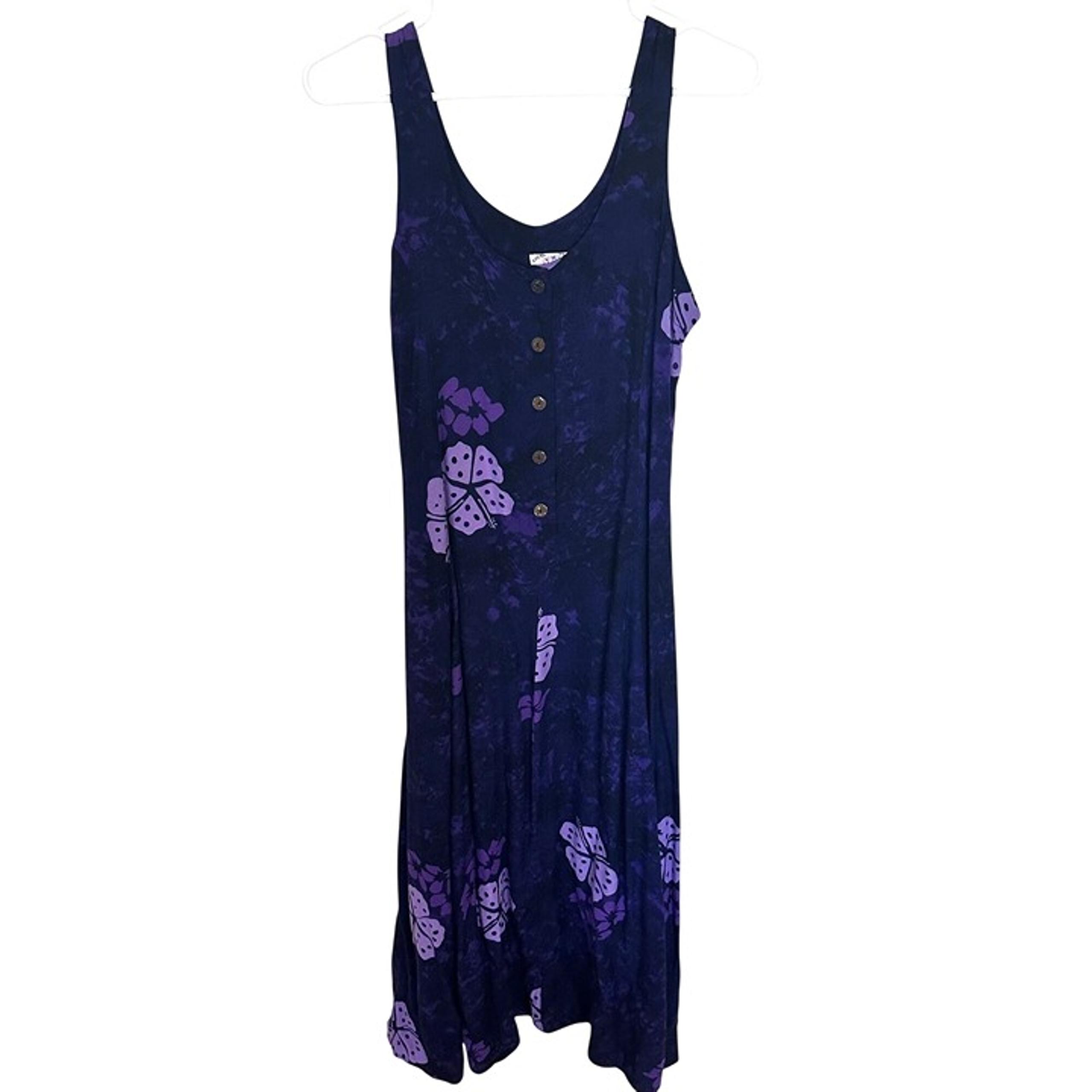 Vtg Womens Purple Maxi Dress Sleeveless Medium Rayon Indonesia Hibiscus Shift