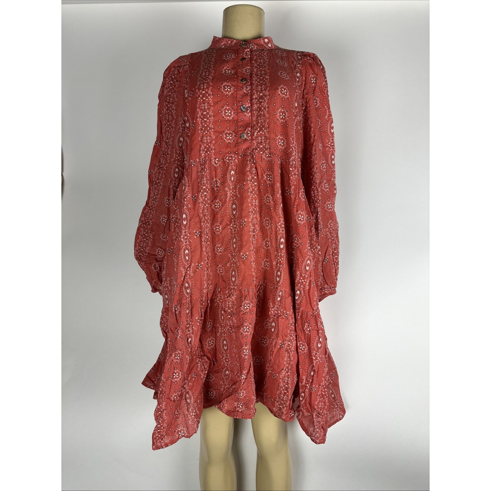 Pietsie Shirt Dress Button Up Red Cotton Midi Kaftan Resort Boho Hippy Beach L
