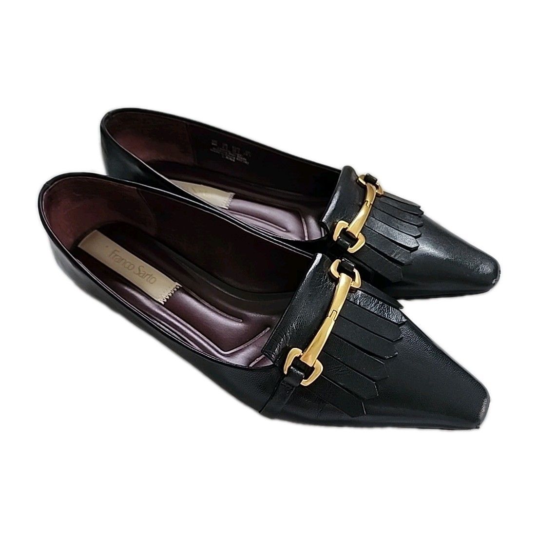 Franco Sarto L-Rina Black Leather Women Size 8 M Slip On Loafers Gold Buckle