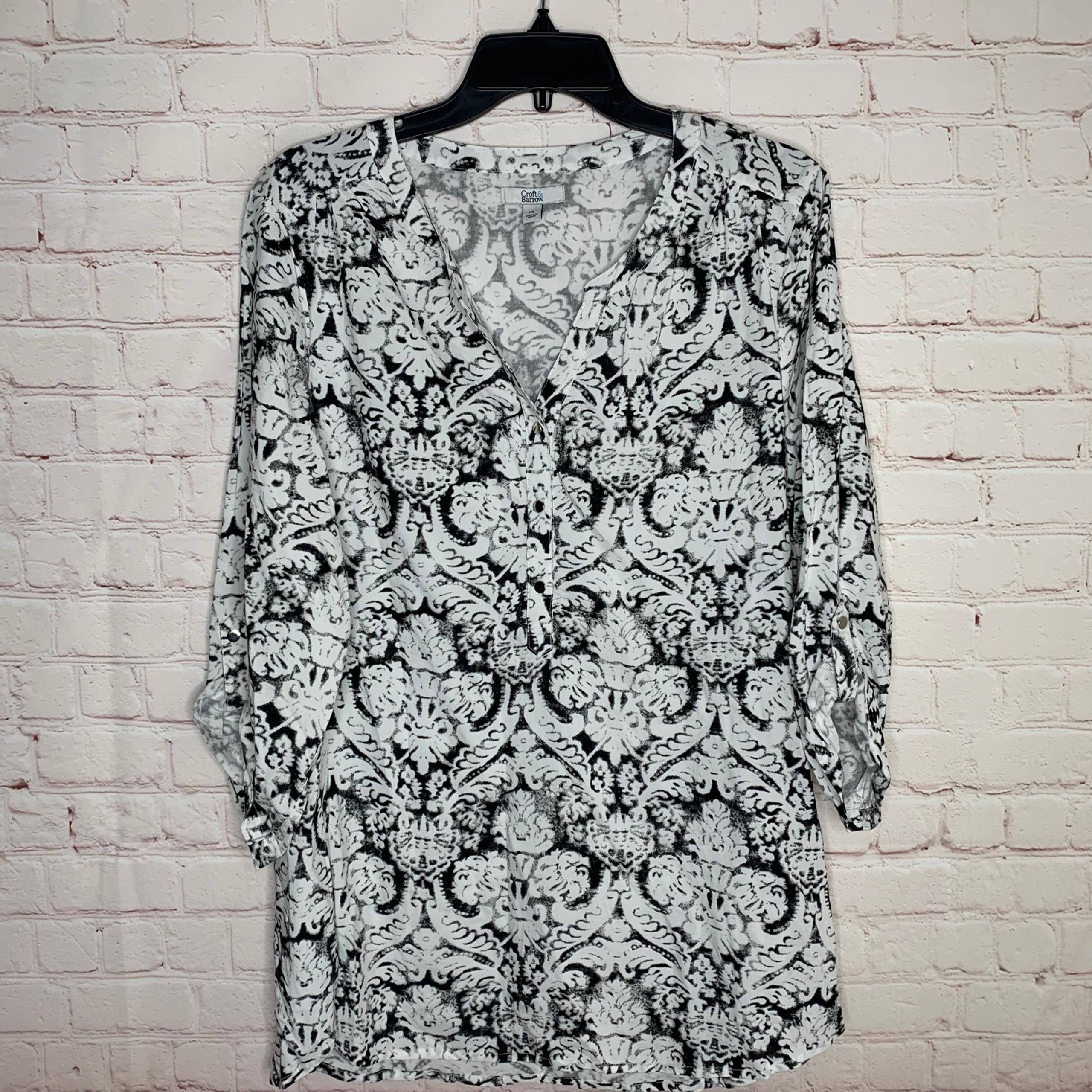 Croft & Borrow Womens White Printed Popover Tunic Top 3/4 Sleeve Size XL EUC