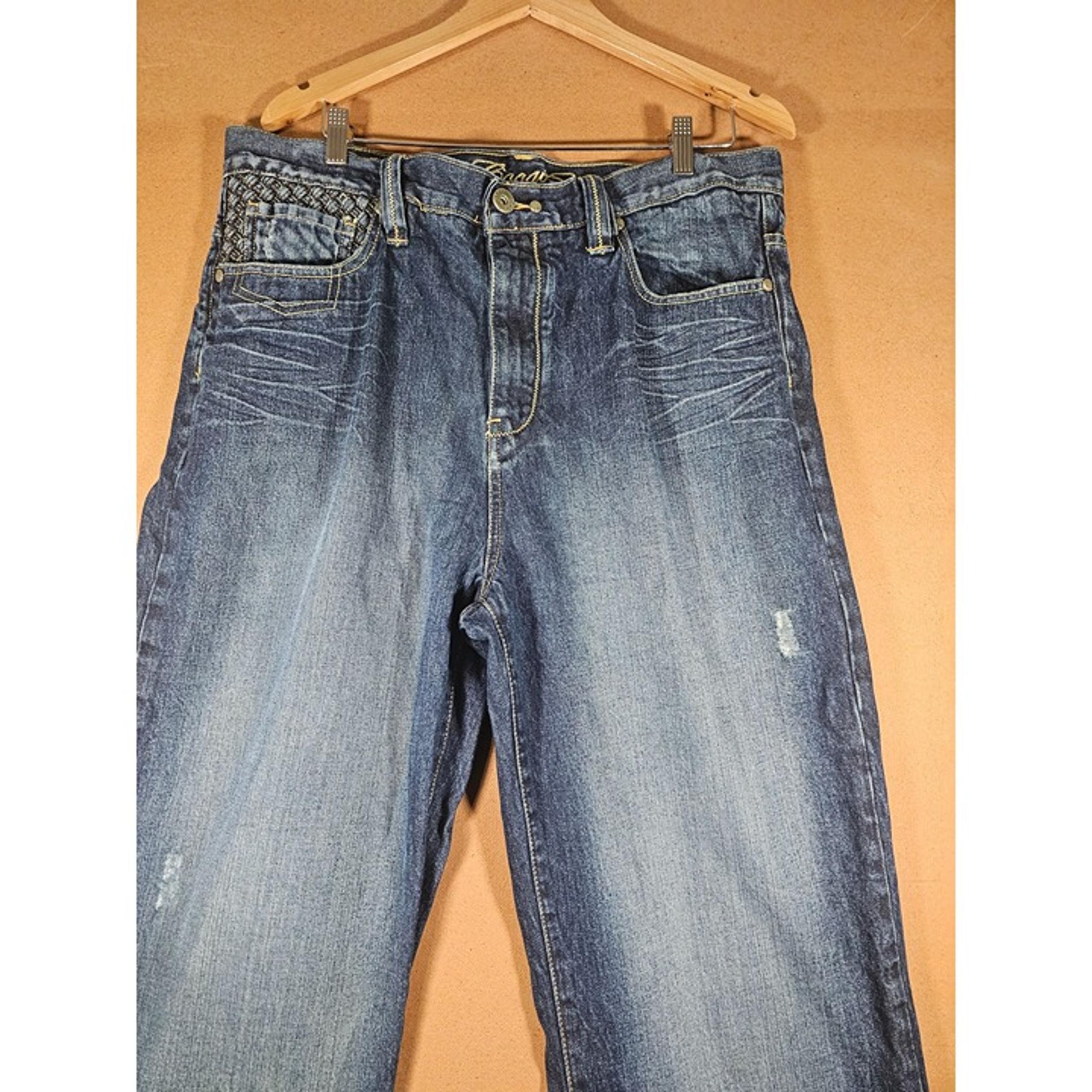 Coogi Blue Denim Jeans Men 36X34 Embroidered Streetwear Baggy Wide Leg
