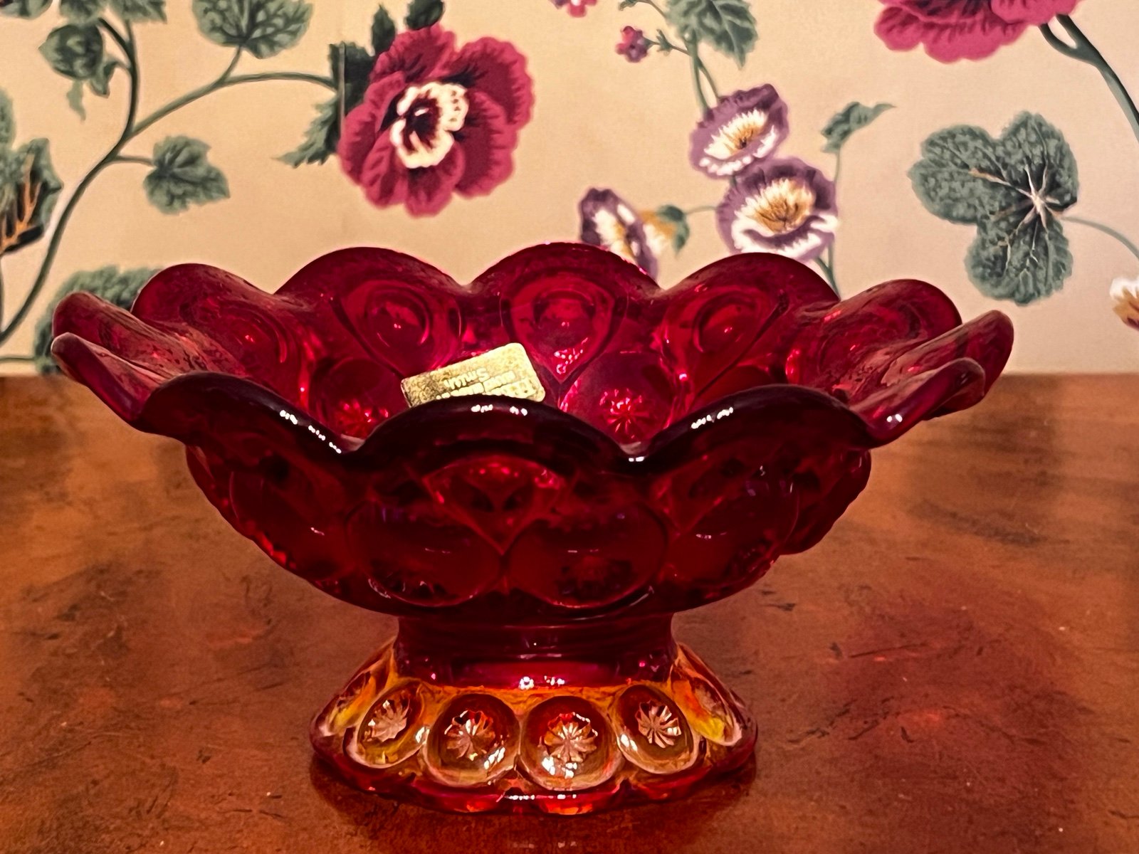 Vintage L.E. Smith Amberina Moon And Stars Glass Pedestal Bowl Compote