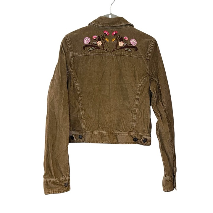 Y2K Roxy Junior's L Brown Floral Embroidered Corduroy Denim Jacket Cottage Fairy