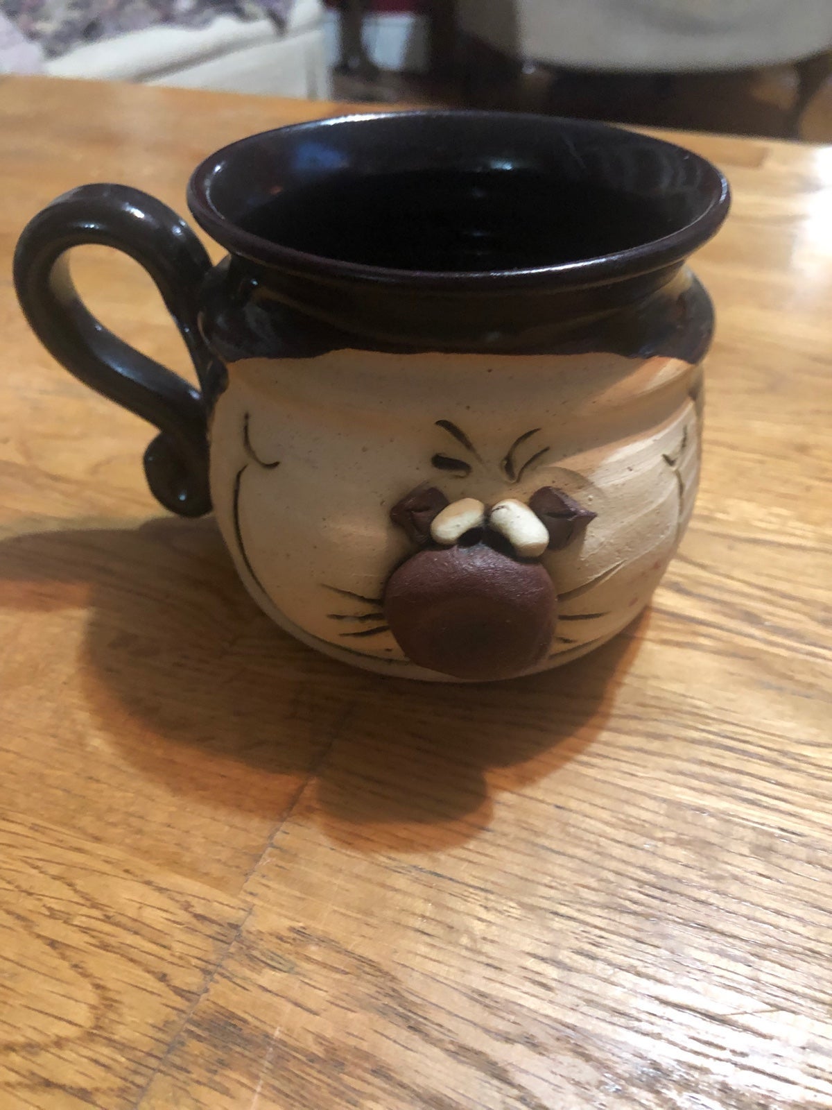 Teigland Bradford hand signed pottery . 3D Silly Face cross eyed cat mug
