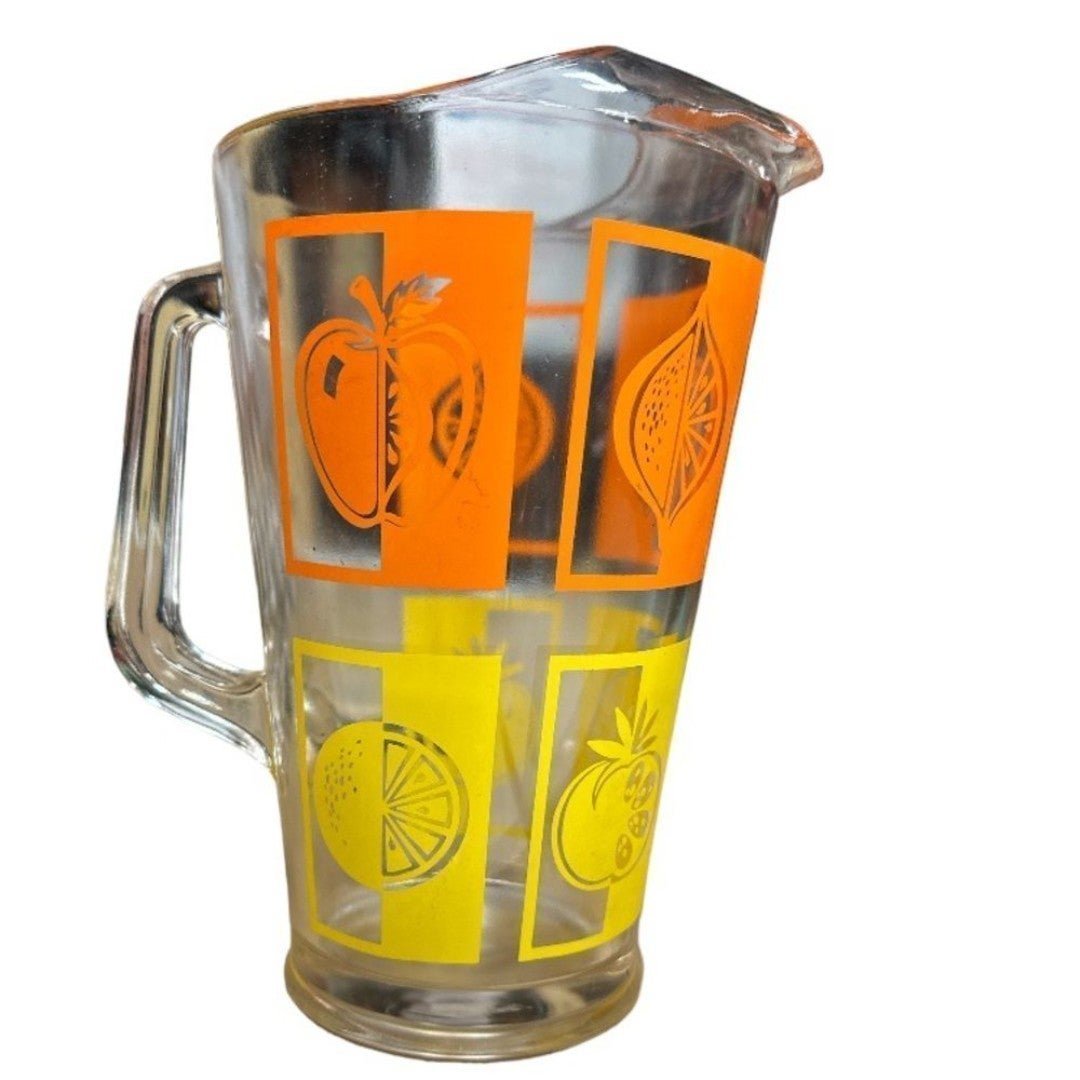 70s Groovy Retro Heavy Glass Pitcher: Fruit, Oranges, Apples, Lemons Approx. 10