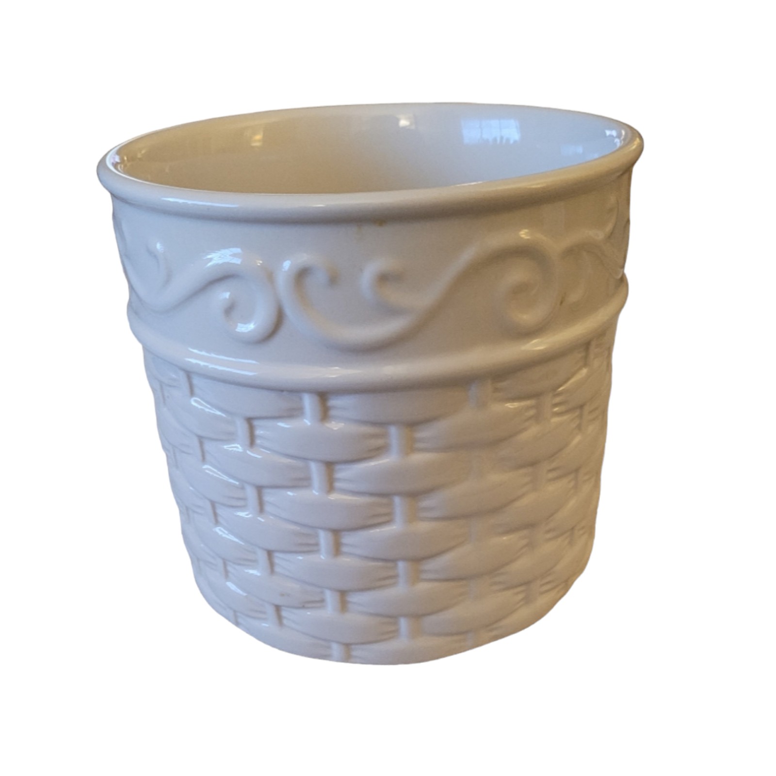 Celebrating Home Farmhouse Country Primitive White Ivory Basket Weave Crock