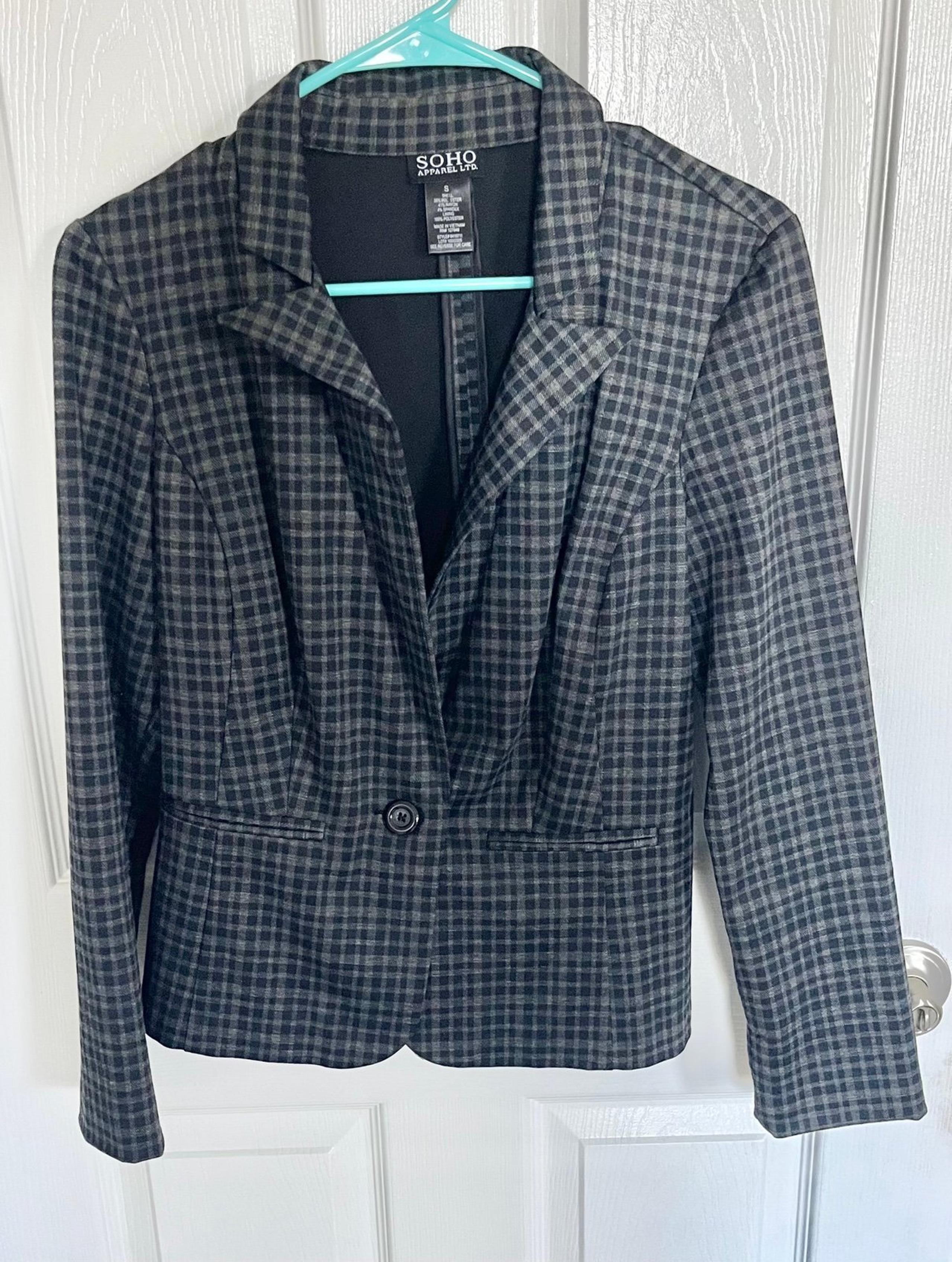 Soho Apparel Ltd. Women’s black/grey/blue checkered blazer jacket size Small