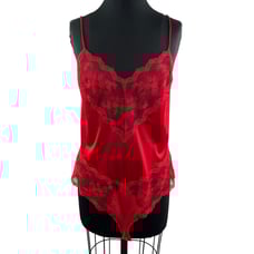 VINTAGE La Femme De Vanity Fair Lace Teddy Red Sleeveless V-Neckline Satin