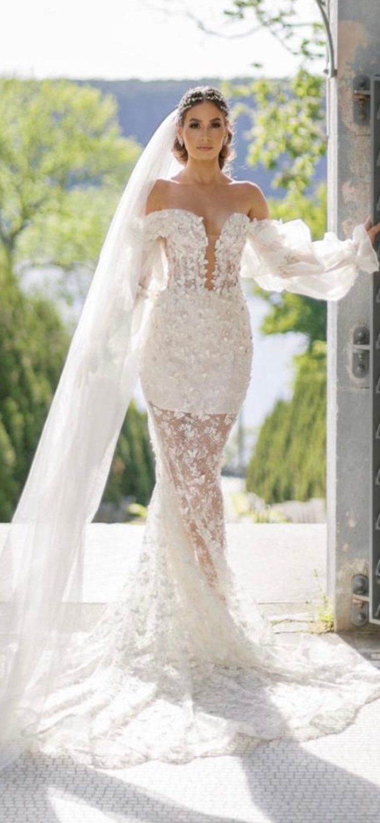 Lace butterfly embroided wedding gown.