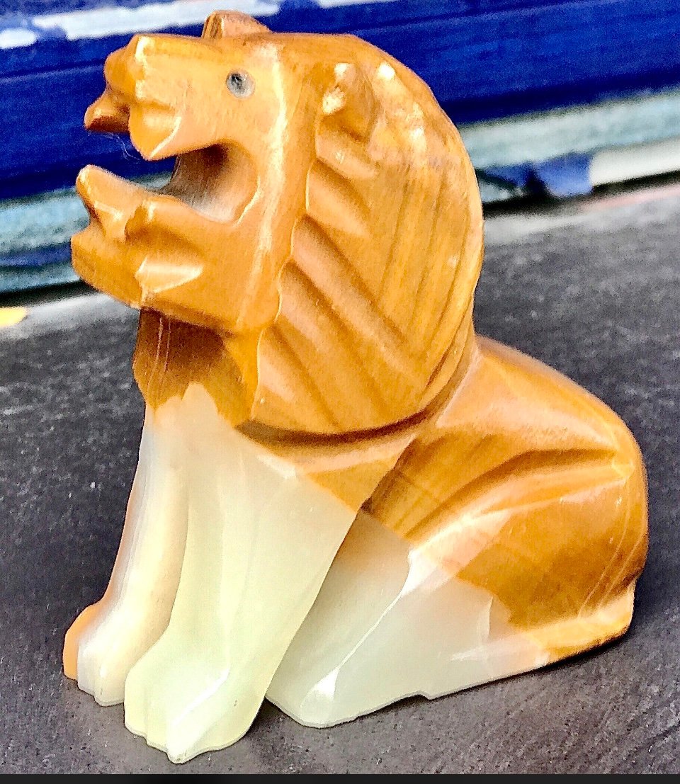 Vintage Hand Carved Brown White Solid Onyx Marble Lion Figurine