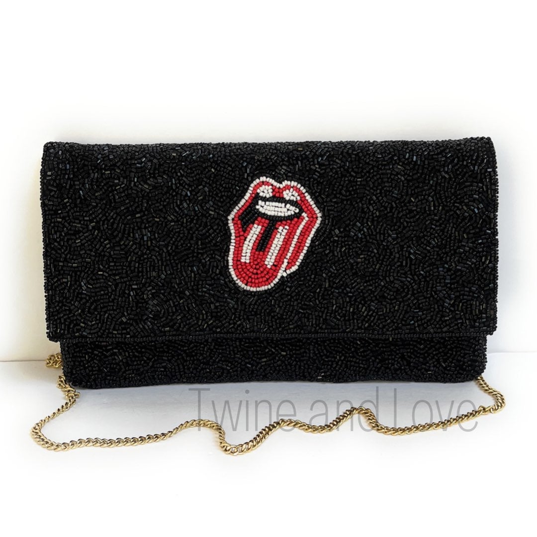 Red Tongue Clutch Purse, Beaded Purse, Rock and Roll Gift