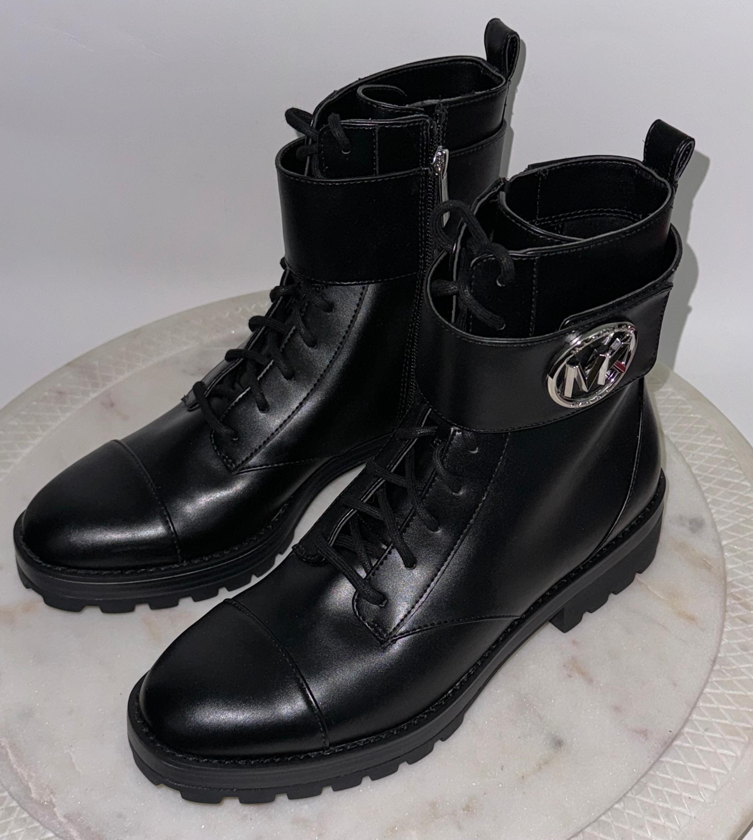 New MICHAEL KORS Tatum Leather  BOOTS Black MK Silver BUCKLE Women’s Size 8 $175