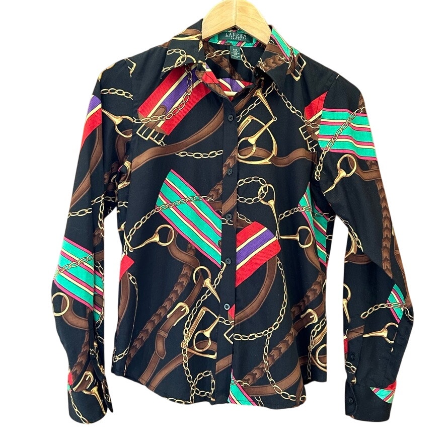 Lauren Ralph Lauren Button Equestrian Horse Long Sleeve Black Shirt Sz XS Petite