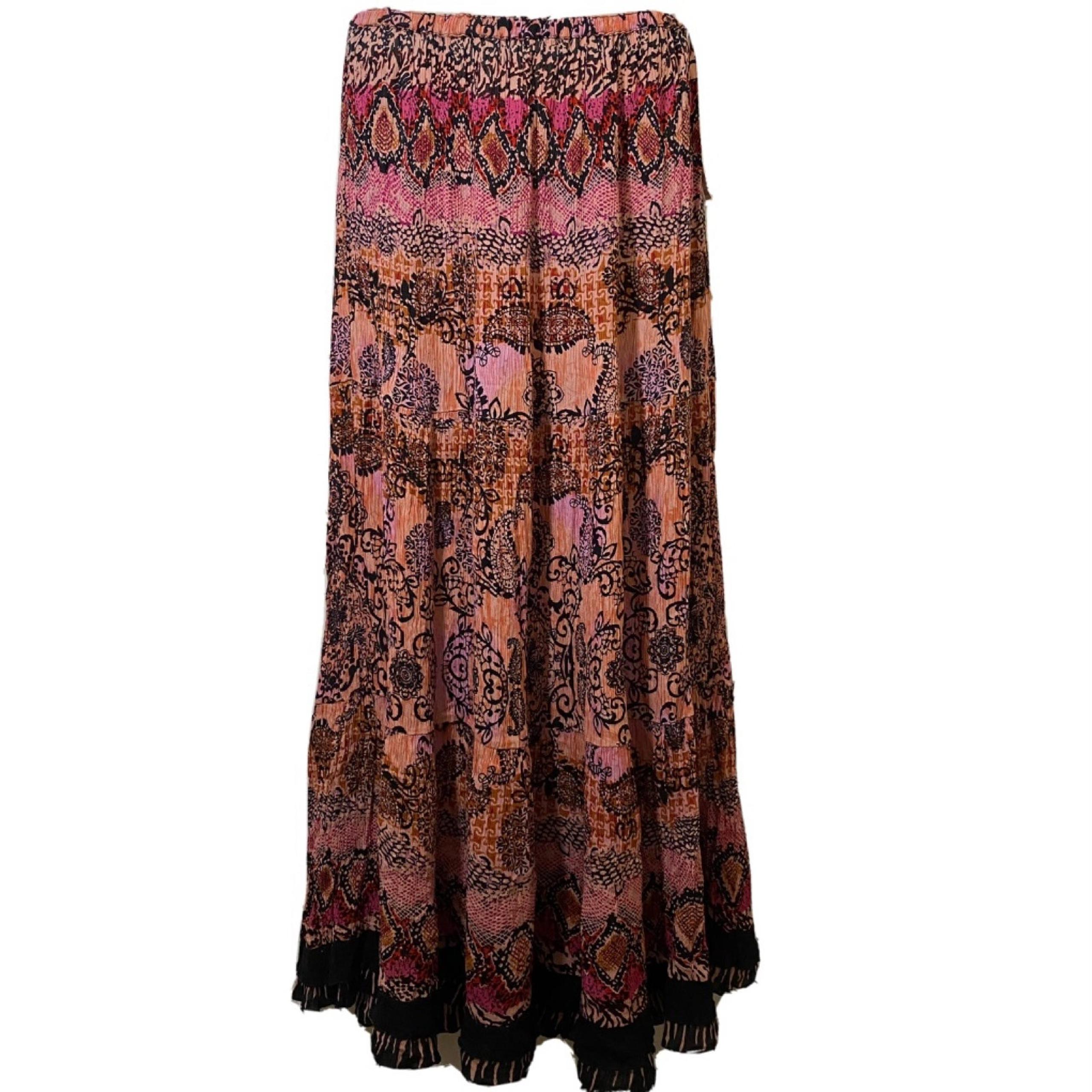 DRESSBARN MAXI SKIRT ORANGE PINK BLACK MEDIUM LONG MULTICOLOR CRINKLE PAISLEY