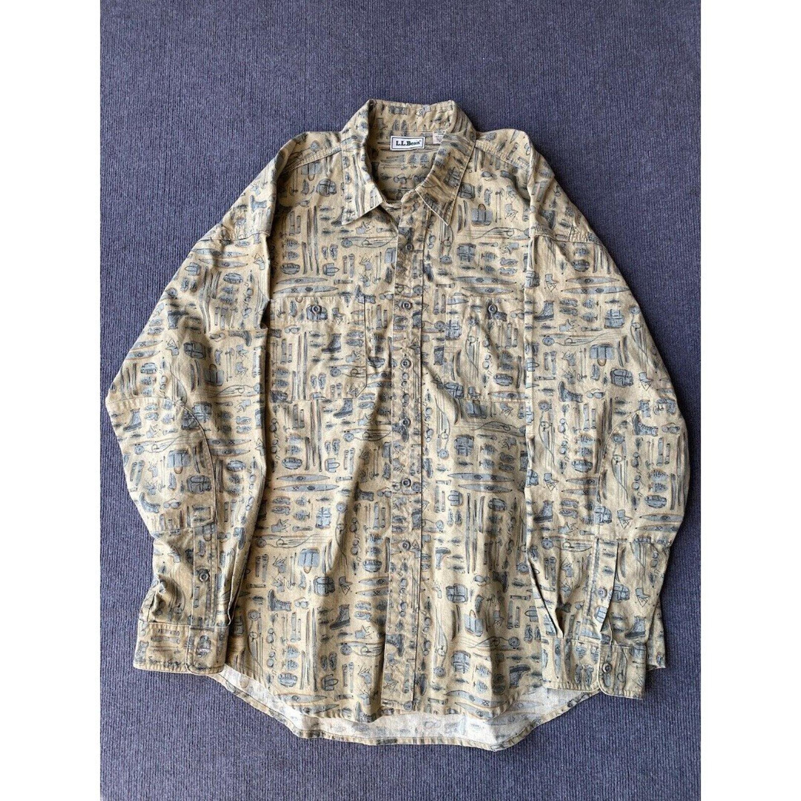 Vintage LL Bean DD86 Men Shirt Yellow Long Sleeve ButtonDown Sz XXL Hiking Print