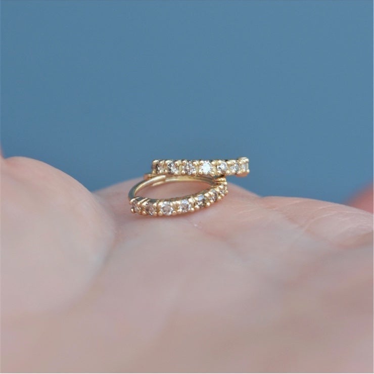 14K Yellow Gold Small Pavé Huggie Hoop Earrings, NWT