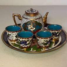 Vintage White & Blue Floral Cloisonné Enamel Miniature Tea Set