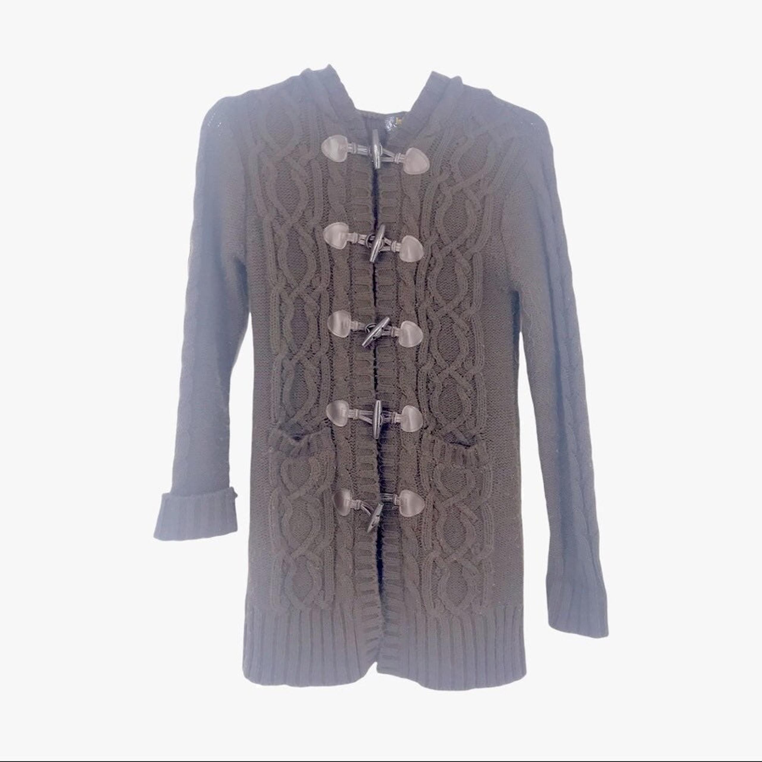 CABLE KNIT BROWN TOGGLE HOODED SWEATER POCKETS